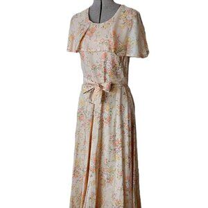 Vintage 60s 70s Maxi Dress 34"B Peach Floral Caped Shoulders Romantic